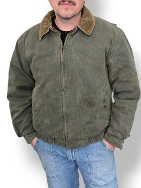 Vintage Eddie Bauer Barn Jacket Mens L/XL Corduroy Collar Goose Down Quilted 80s
